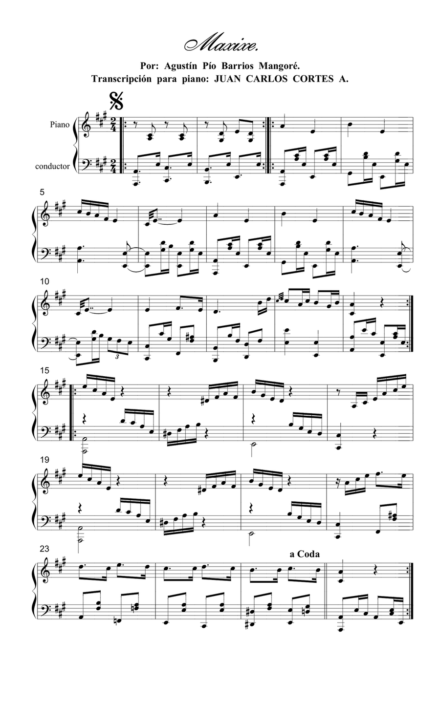 Maxixe por Agustín Pío Barrios Mangoré (Nitsuga Mangoré) para Piano Solo Piano Solo scores gallery preview page 1