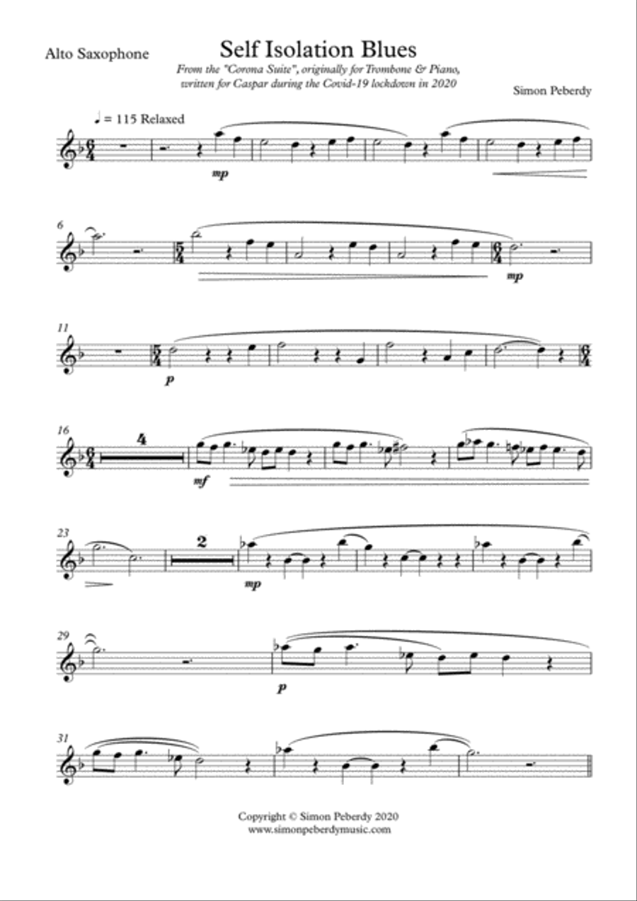Self Isolation Blues for Alto Sax and Piano from the Corona Suite by Simon Peberdy Alto Saxophone scores gallery preview page 2