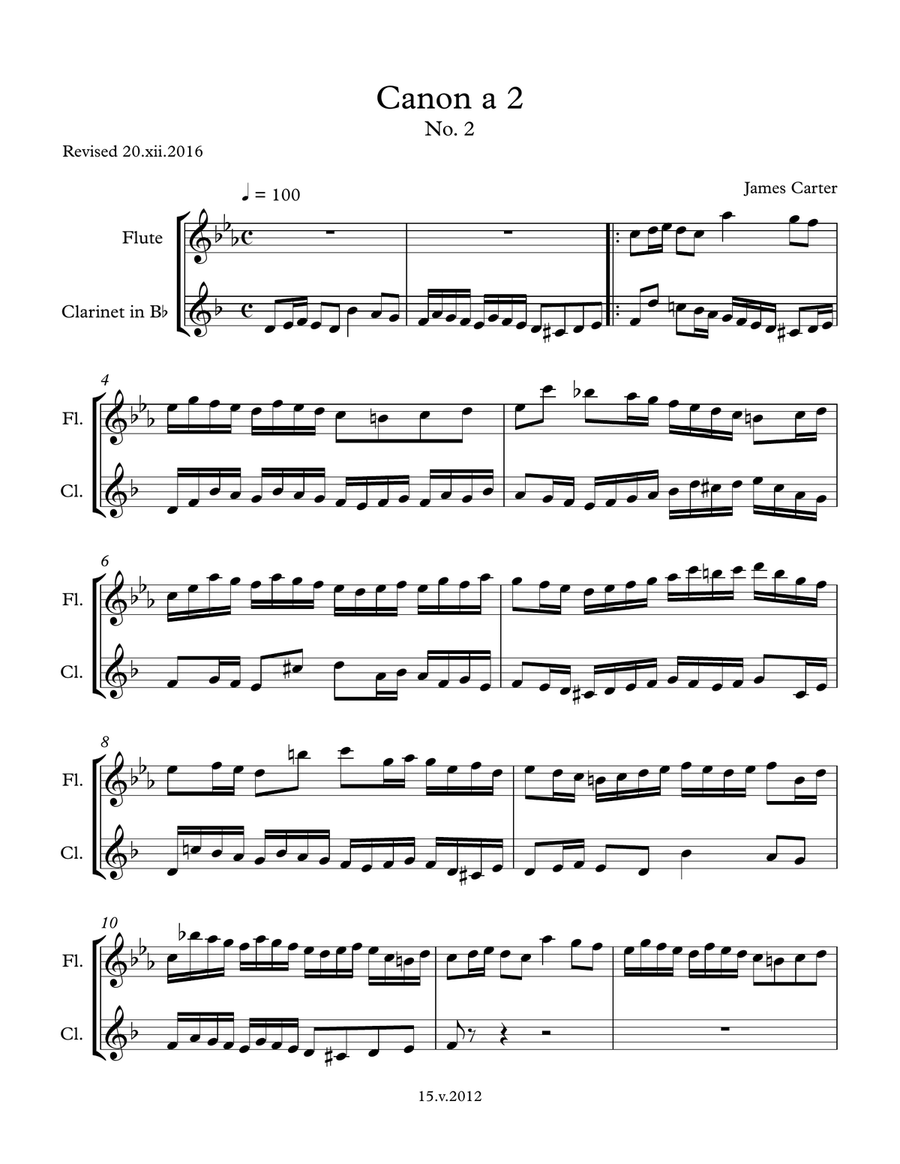 Six Canons for Flute & Clarinet Duet, No. 2 in C minor, by J.W. Carter