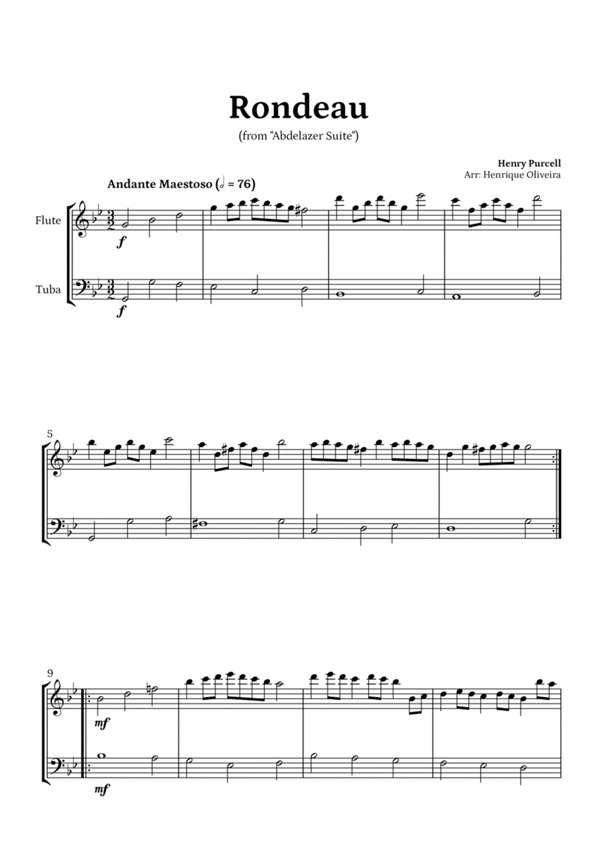 Rondeau from "Abdelazer Suite" by Henry Purcell - For Flute and Tuba image number null