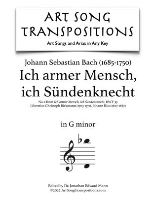 Book cover for BACH: Ich armer Mensch, ich Sündenknecht, BWV 55 (transposed to G minor)
