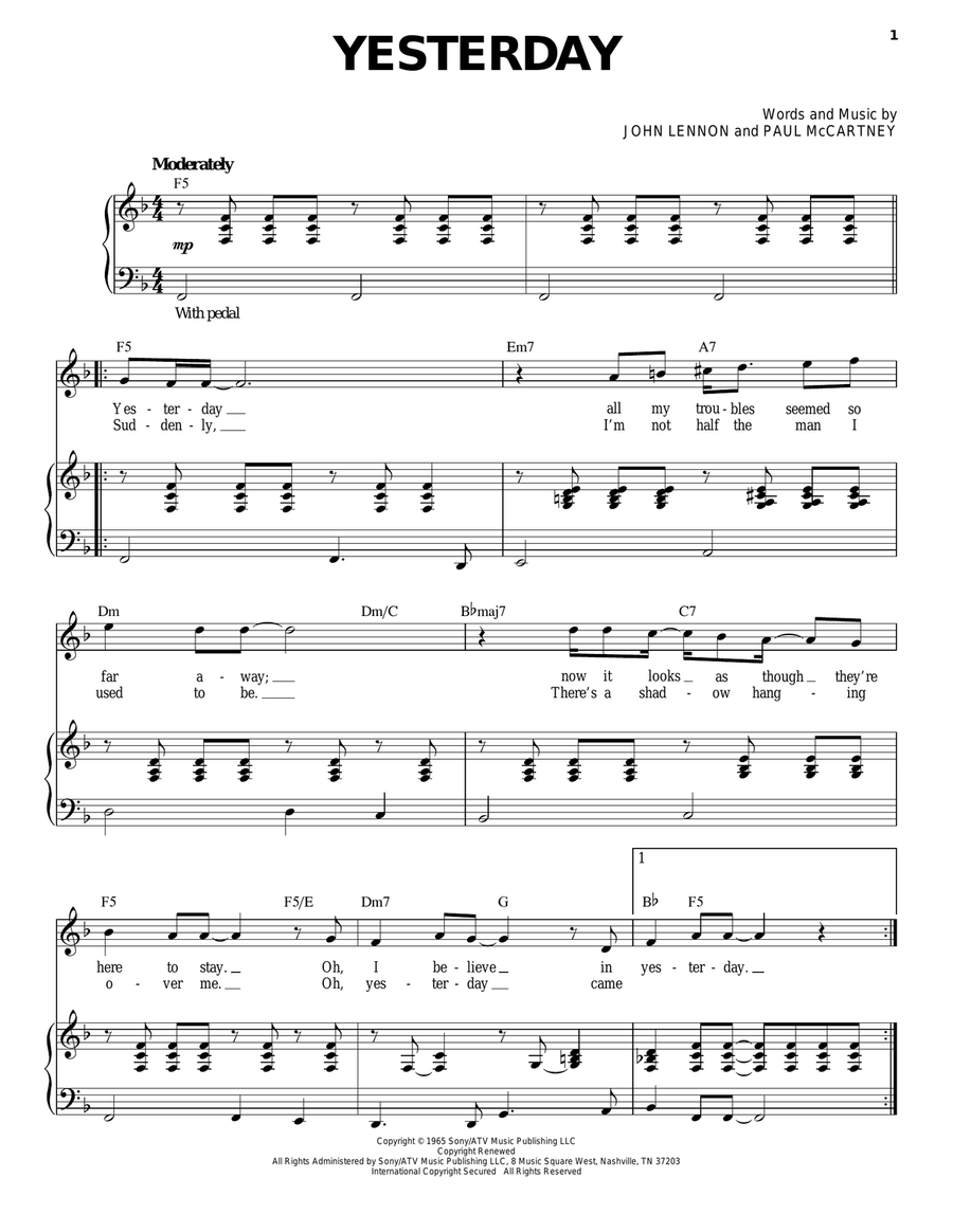 Yesterday Yesterday Piano, Vocal scores gallery preview page 1