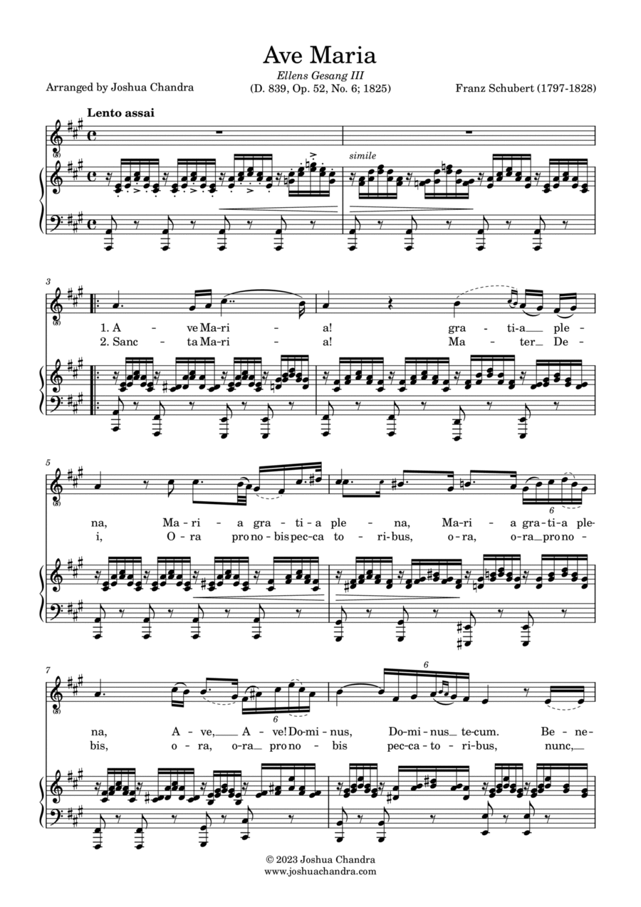 Ave Maria (Schubert) in A (Piano & Voice Parts in Latin) Voice scores gallery preview page 1