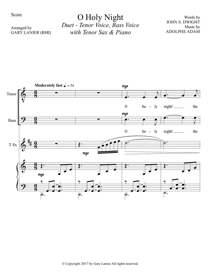 O HOLY NIGHT (Duet - Tenor Voice, Bass Voice with Tenor Sax & Piano - Score & Parts included) Small Ensemble scores gallery preview page 2