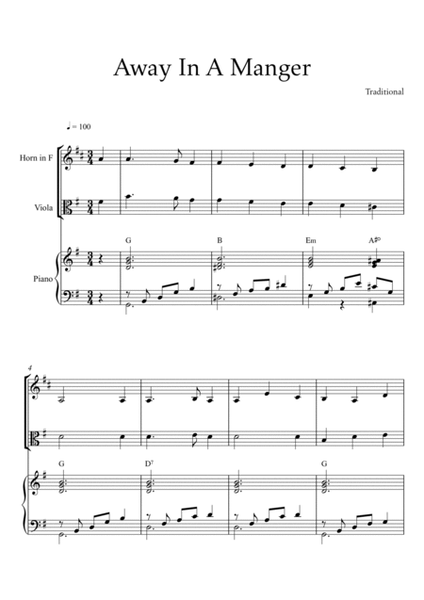 Traditional - Away In A Manger (Trio Piano, French Horn and Viola) with chords image number null