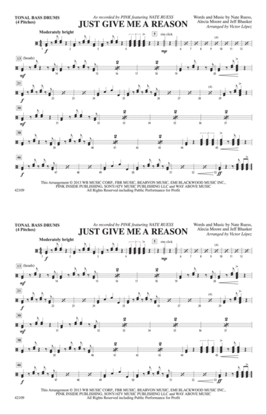Just Give Me a Reason: Tonal Bass Drum Marching Band scores gallery preview page 1
