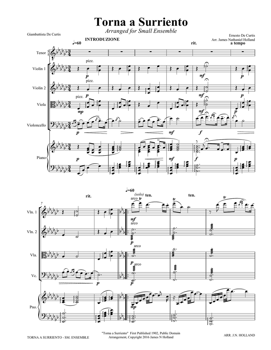 Torna a Surriento for Tenor and Small Ensemble in the key of Eb Small Ensemble scores gallery preview page 5