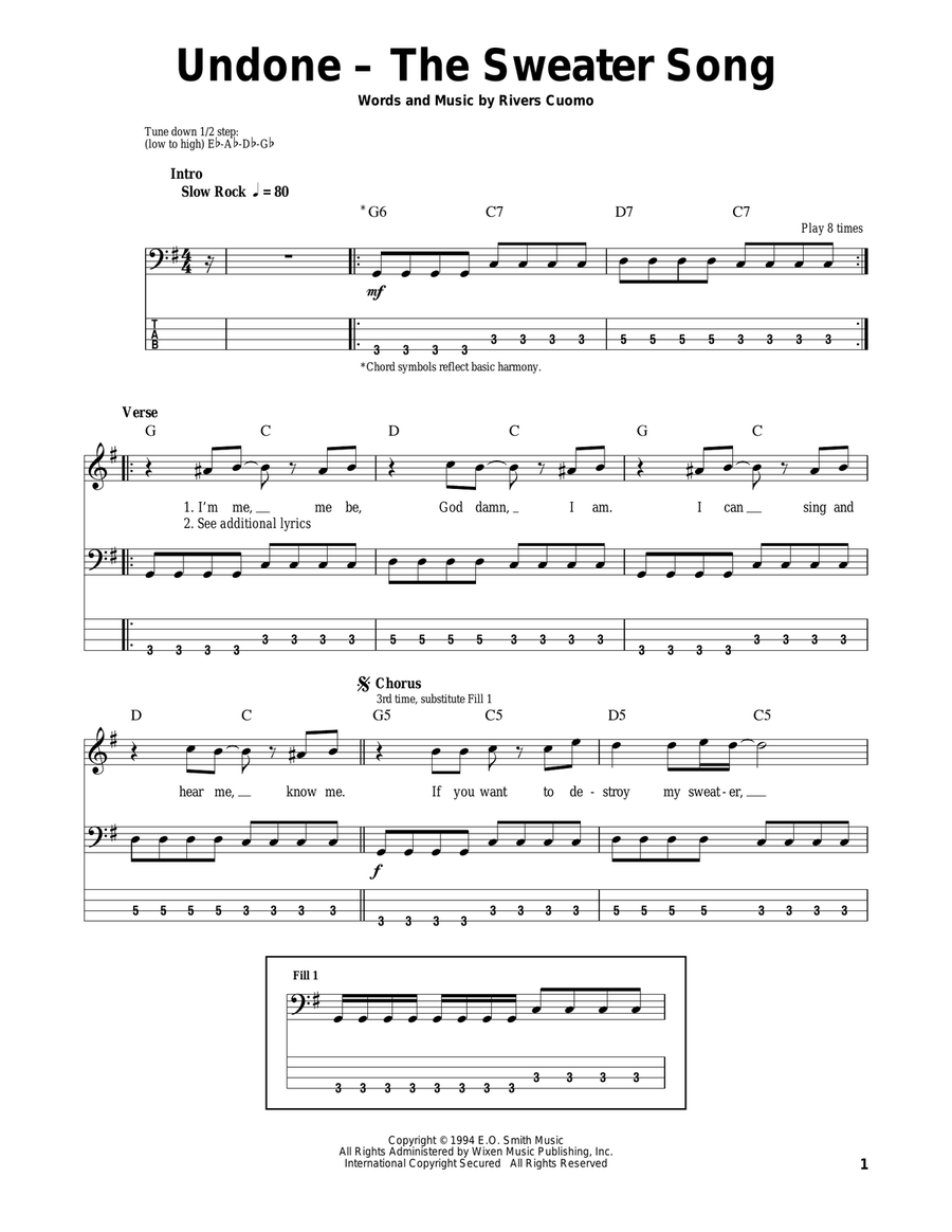 Undone - The Sweater Song Bass Guitar Tablature scores gallery preview page 1