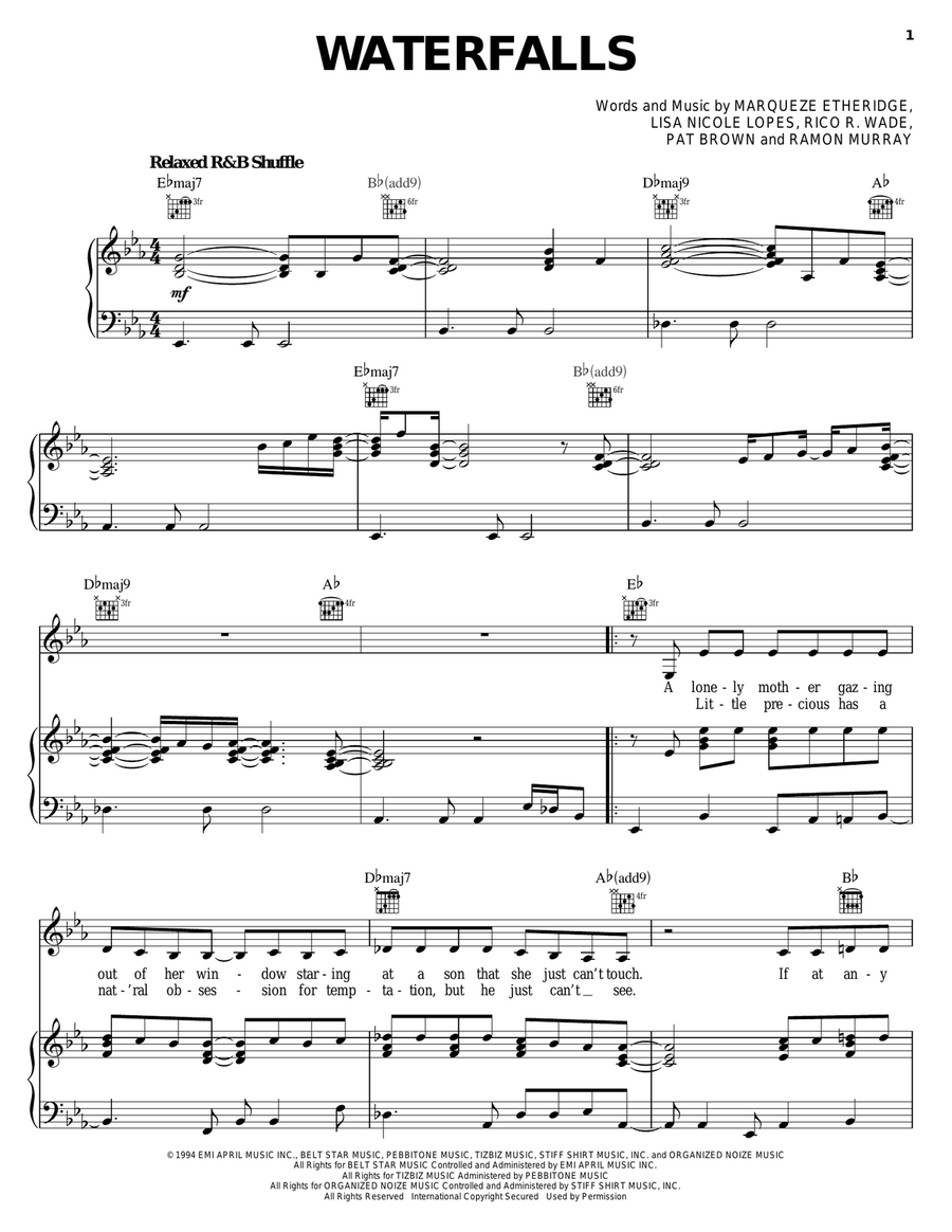 Waterfalls Piano, Vocal, Guitar scores gallery preview page 1