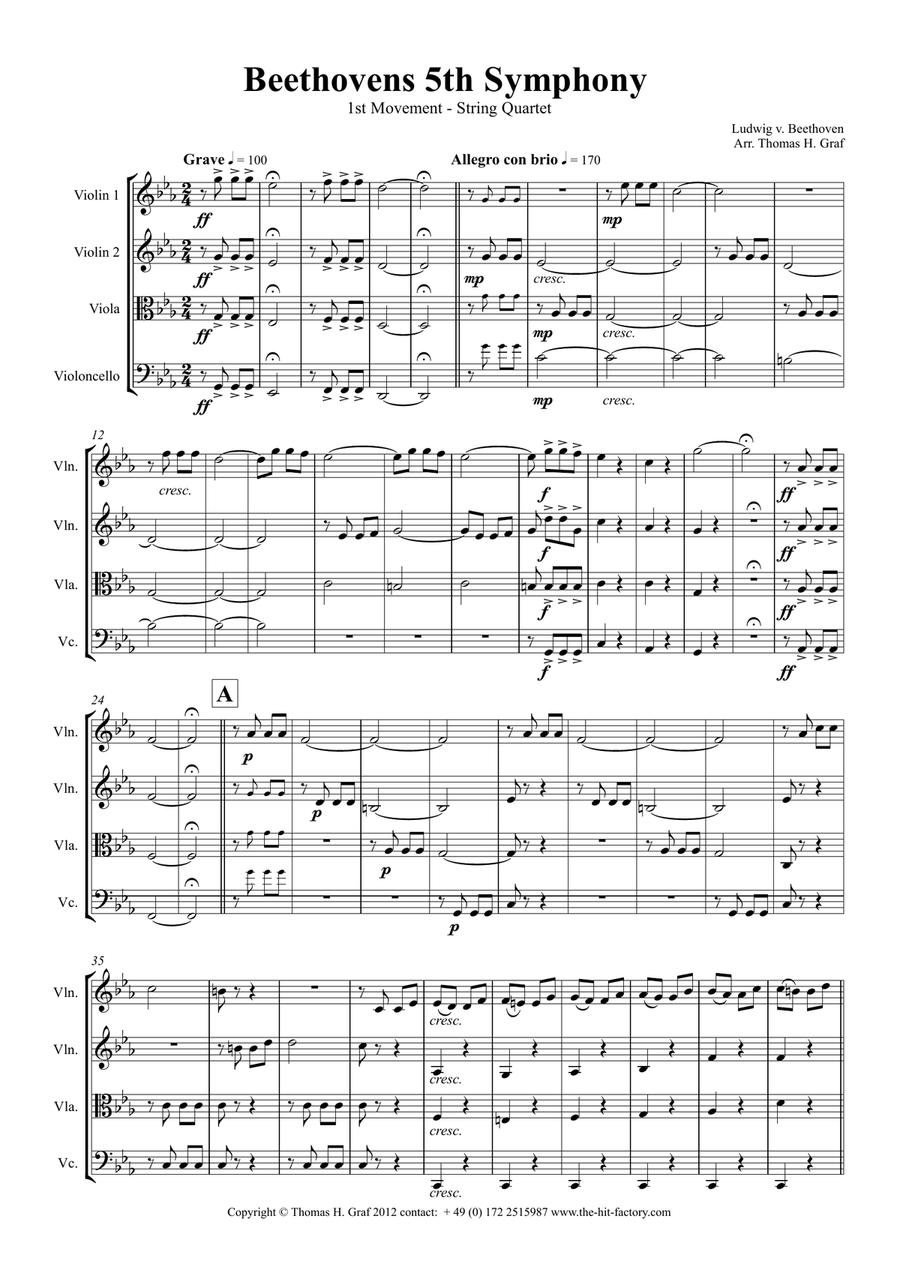 Beethovens 5th Symphony - 1st Movement - String Quartet String Quartet scores gallery preview page 1