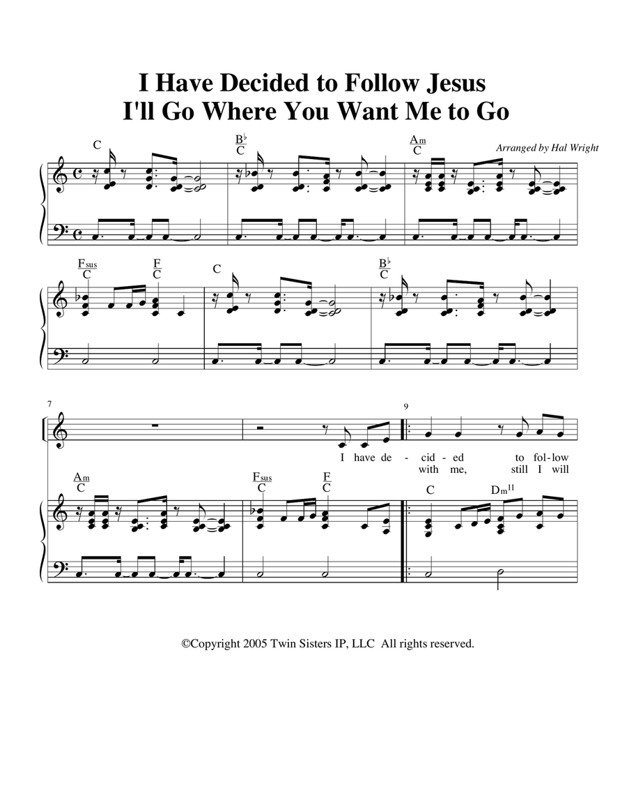 I Have Decided To Follow Jesus, I'll Go Where You Want Me To Go Piano, Vocal scores gallery preview page 1
