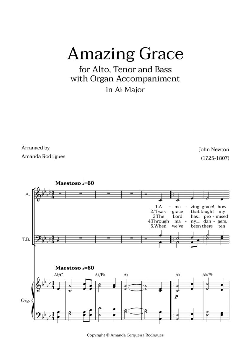 Amazing Grace in Ab Major - Alto, Tenor and Bass with Organ Accompaniment and Chords image number null