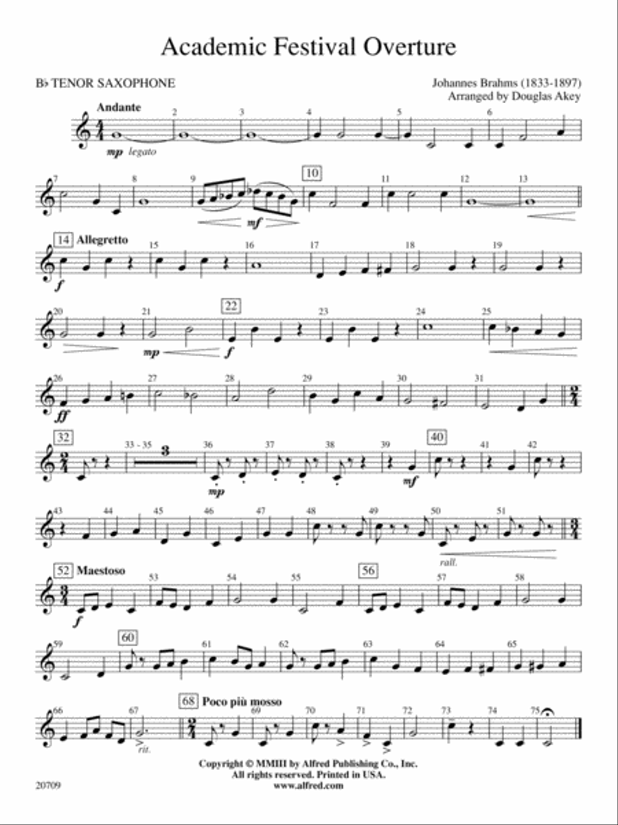 Academic Festival Overture: B-flat Tenor Saxophone Concert Band scores gallery preview page 1