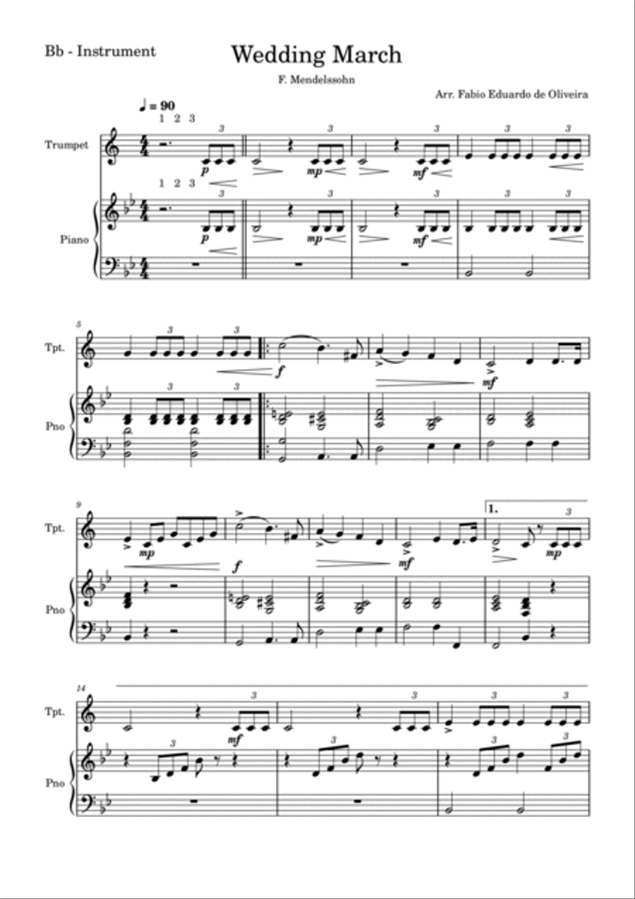 Wedding March (Mendelssohn) + FREE Mp3 Playback + Solo and Piano Parts B-Flat Trumpet scores gallery preview page 2