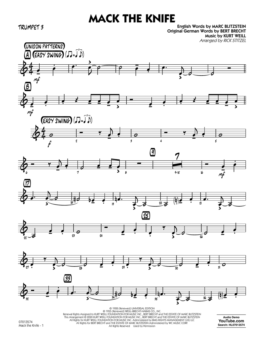Mack The Knife (arr. Rick Stitzel) - Trumpet 3 Jazz Ensemble scores gallery preview page 1