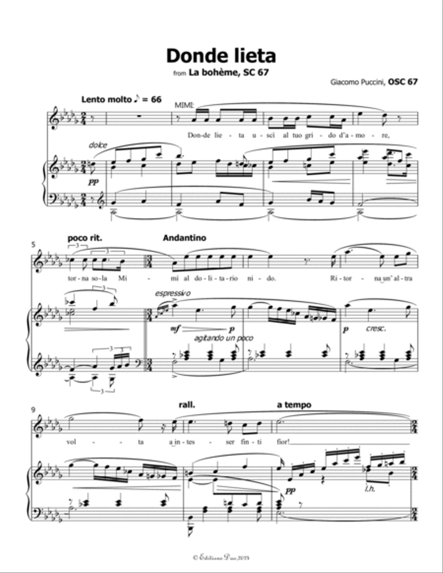 Donde lieta uscì, by Puccini, in D flat Major Voice scores gallery preview page 3