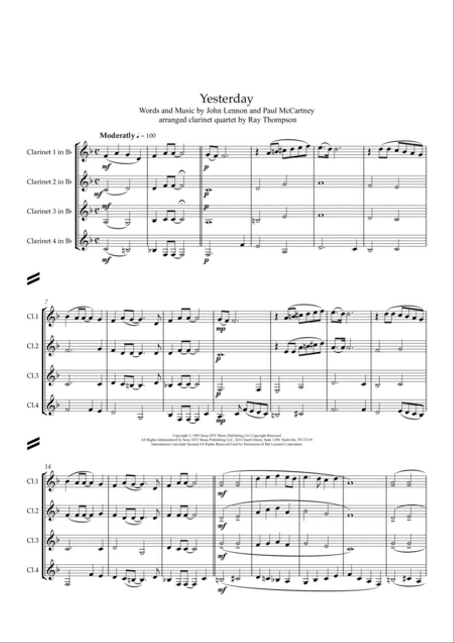 Yesterday Clarinet Quartet scores gallery preview page 3