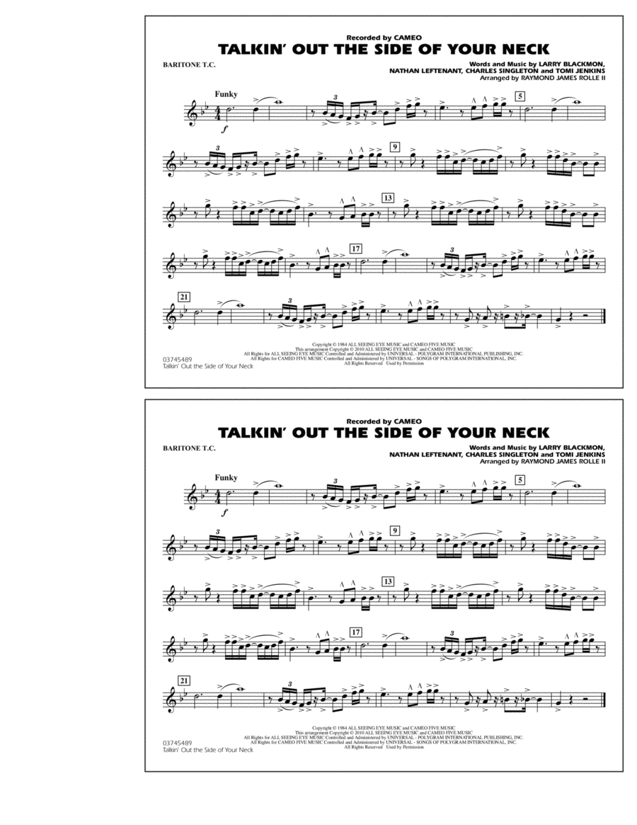 Talkin' Out The Side Of Your Neck - Baritone T.C. Marching Band scores gallery preview page 1