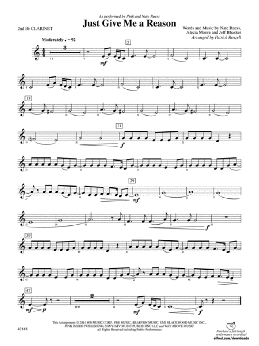 Just Give Me a Reason: 2nd B-flat Clarinet Concert Band scores gallery preview page 1