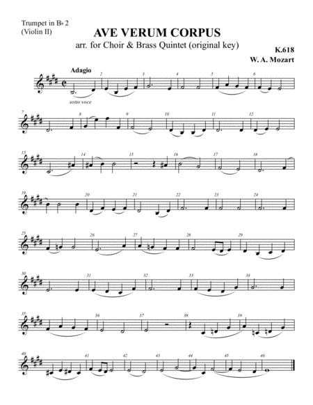 W. A. Mozart - Ave Verum Corpus, arr. for Brass quintet (original key; instrument parts only