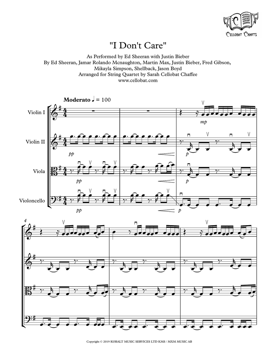 I Don't Care by Max Martin String Quartet - Digital Sheet Music