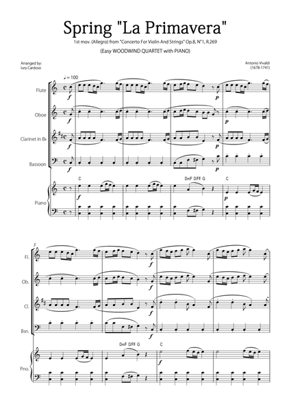"Spring" (La Primavera) by Vivaldi - Easy version for WOODWIND QUARTET & PIANO image number null