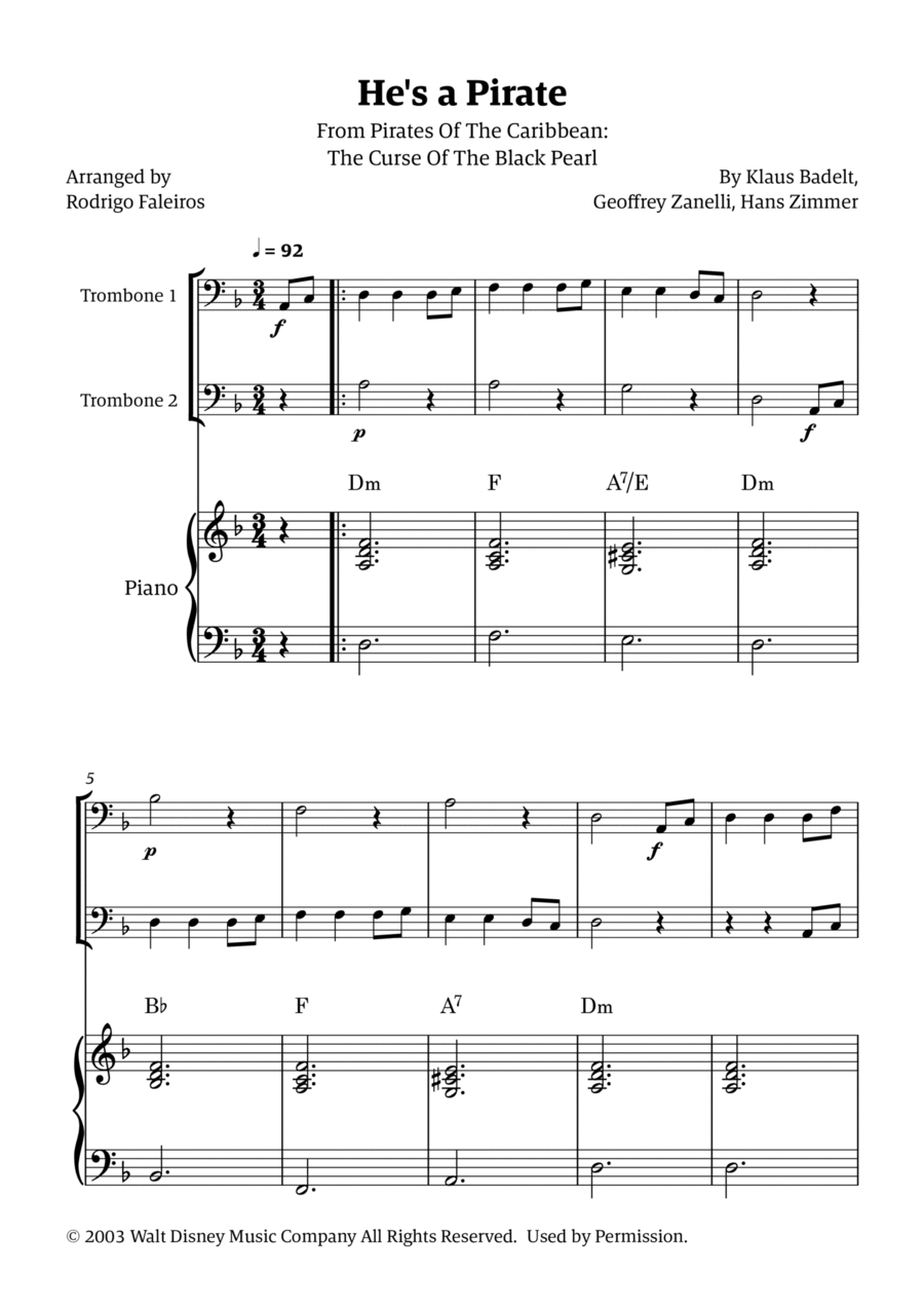 He's A Pirate Trombone Duet scores gallery preview page 1
