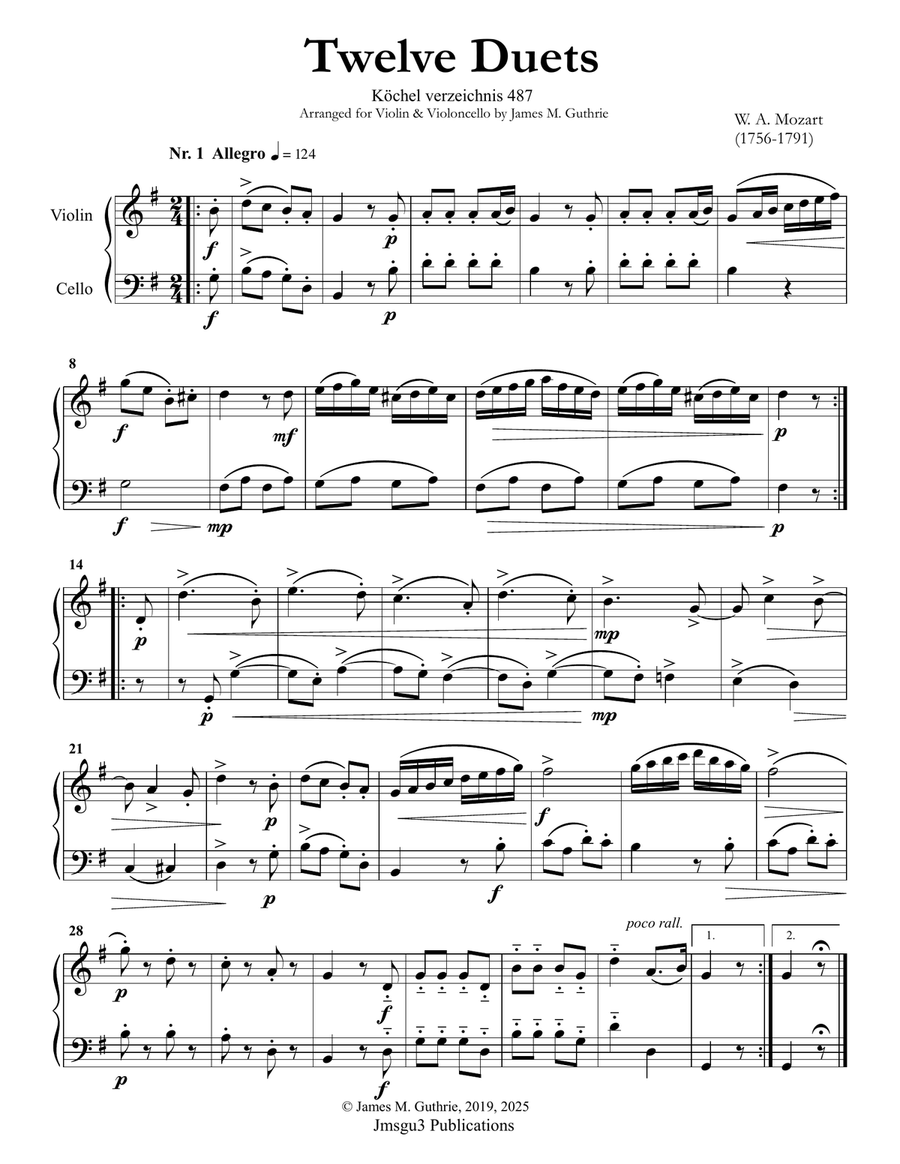 Mozart: Twelve Duets K. 487 for Violin & Cello String Duet scores gallery preview page 1