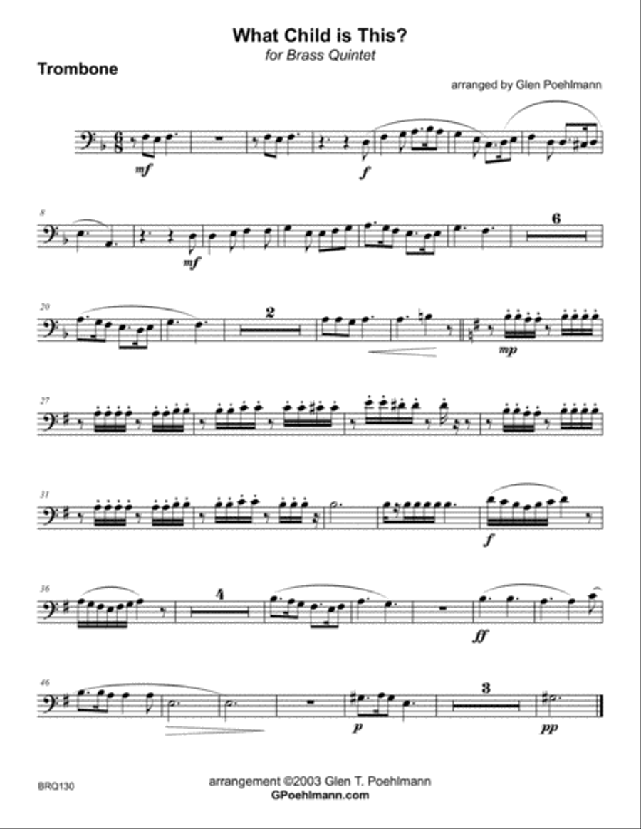 WHAT CHILD IS THIS (Greensleeves) arranged for BRASS QUINTET with optional Percussion Brass Ensemble scores gallery preview page 6