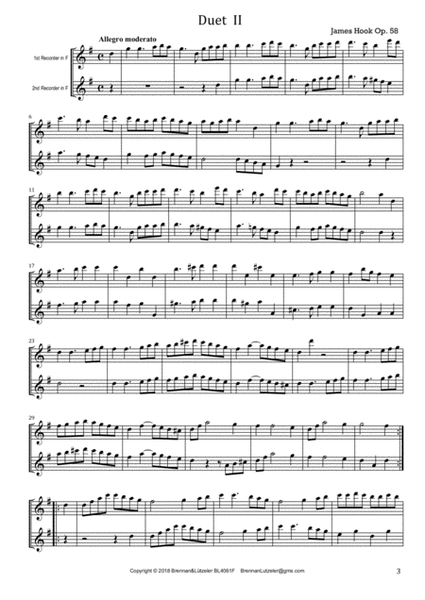 James Hook, 6 Duetts op. 58 arranged for 2 Recorders in F (score)