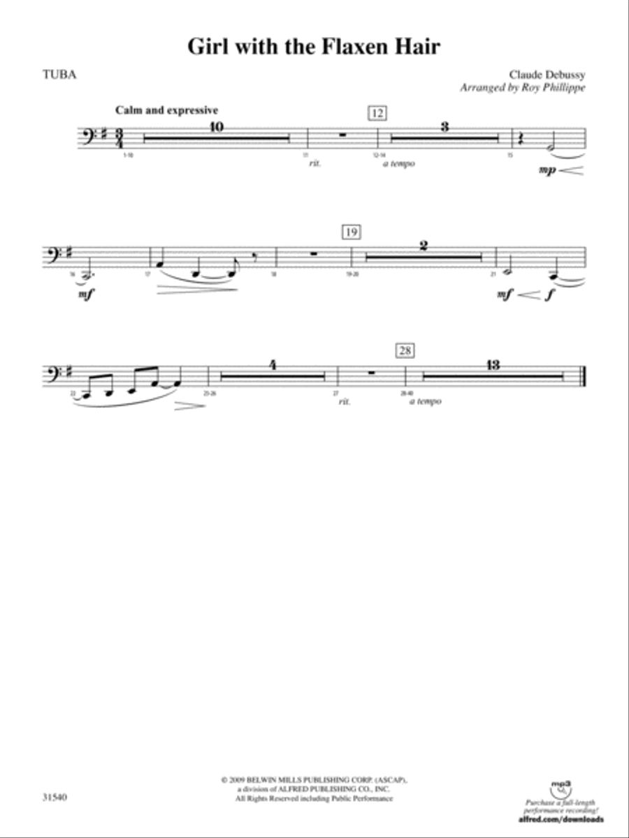 Girl with the Flaxen Hair: Tuba Full Orchestra scores gallery preview page 1