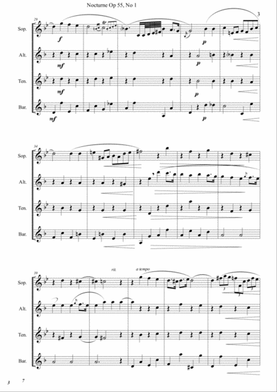 Nocturne - F. Chopin (Op55 N1) for SAX Quartet (SATB) Saxophone Quartet scores gallery preview page 3