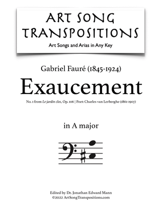 Book cover for FAURÉ: Exaucement, Op. 106 no. 1 (transposed to A major, bass clef)