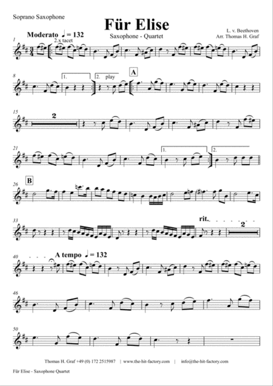 For Elise - Ludwig van Beethoven - Saxophone Quartet Saxophone Quartet scores gallery preview page 6