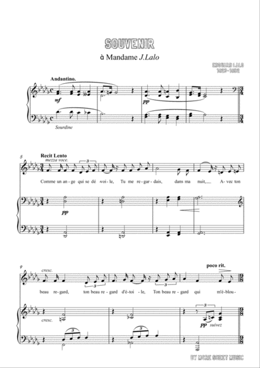 Lalo-Souvenir in D flat Major,for Voice and Piano Voice Solo scores gallery preview page 3