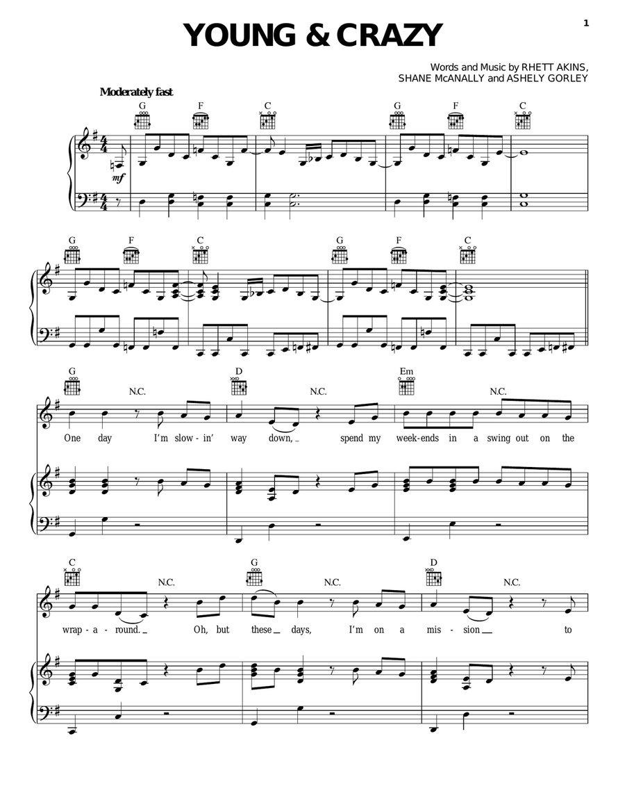 Young & Crazy Piano, Vocal, Guitar scores gallery preview page 1