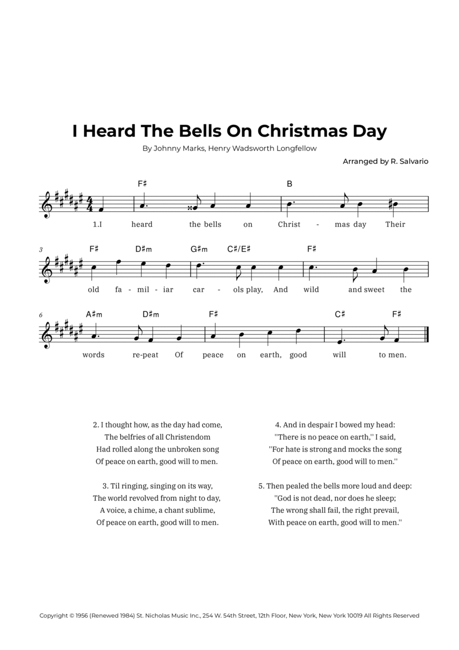 I Heard The Bells On Christmas Day (Key of F-Sharp Major) Easy Piano scores gallery preview page 1