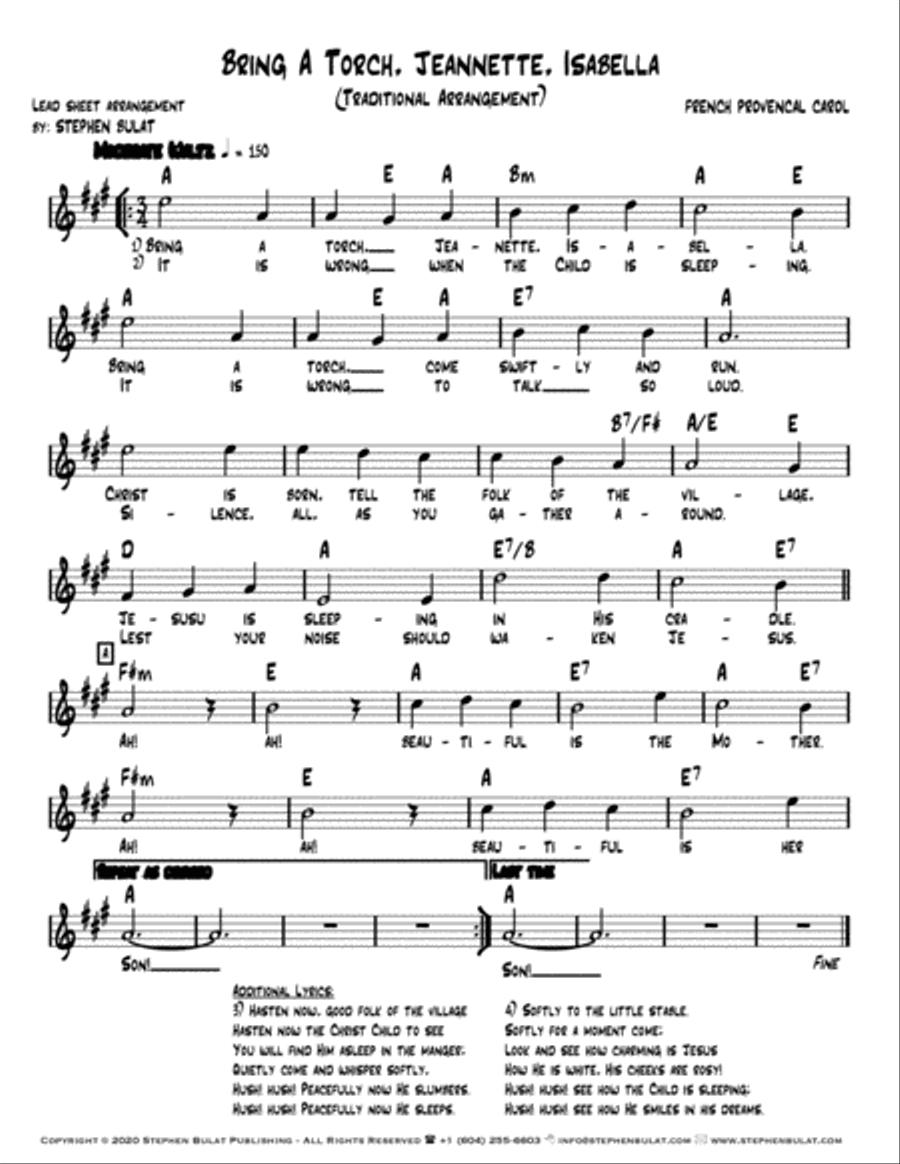 Bring A Torch, Jeanette, Isabella - Lead sheet arranged in traditional and jazz style (key of A) Large Ensemble scores gallery preview page 2