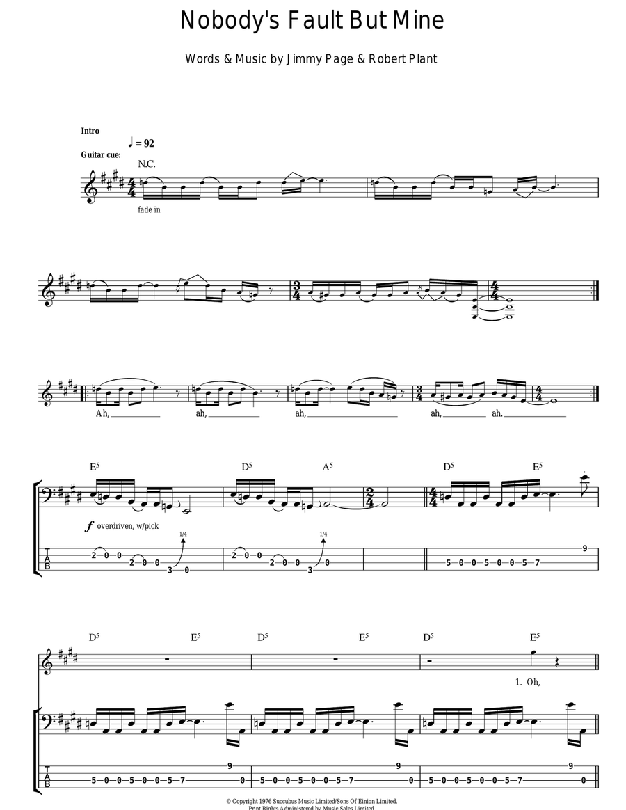 Nobody's Fault But Mine Bass Guitar Tablature scores gallery preview page 1