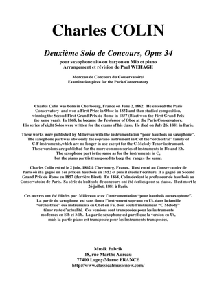 Charles Colin: Deuxième Solo de Concours, Opus 34 arranged for Eb alto or baritone saxophone and pi