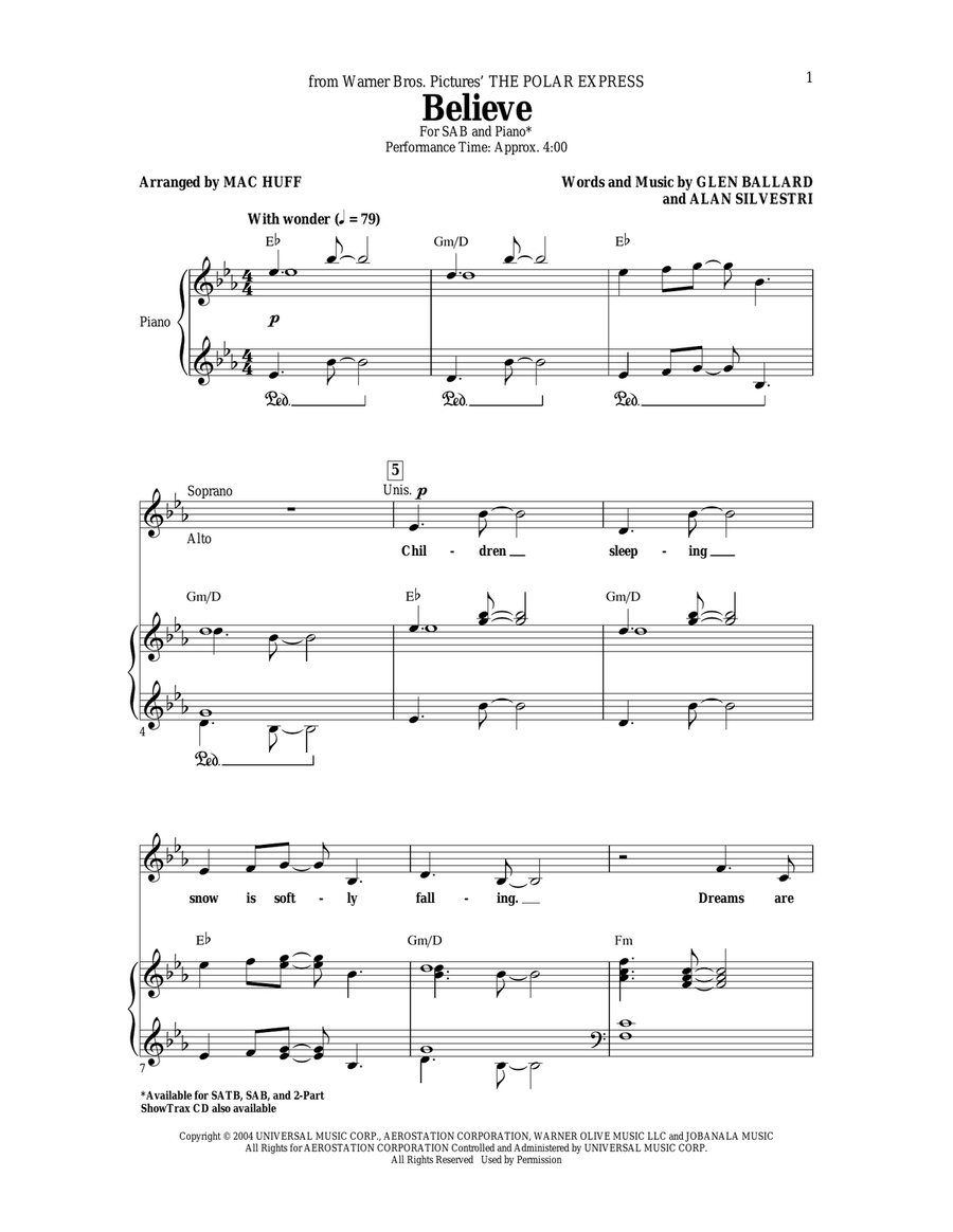 Believe (from The Polar Express) (arr. Mac Huff) 3-Part scores gallery preview page 1