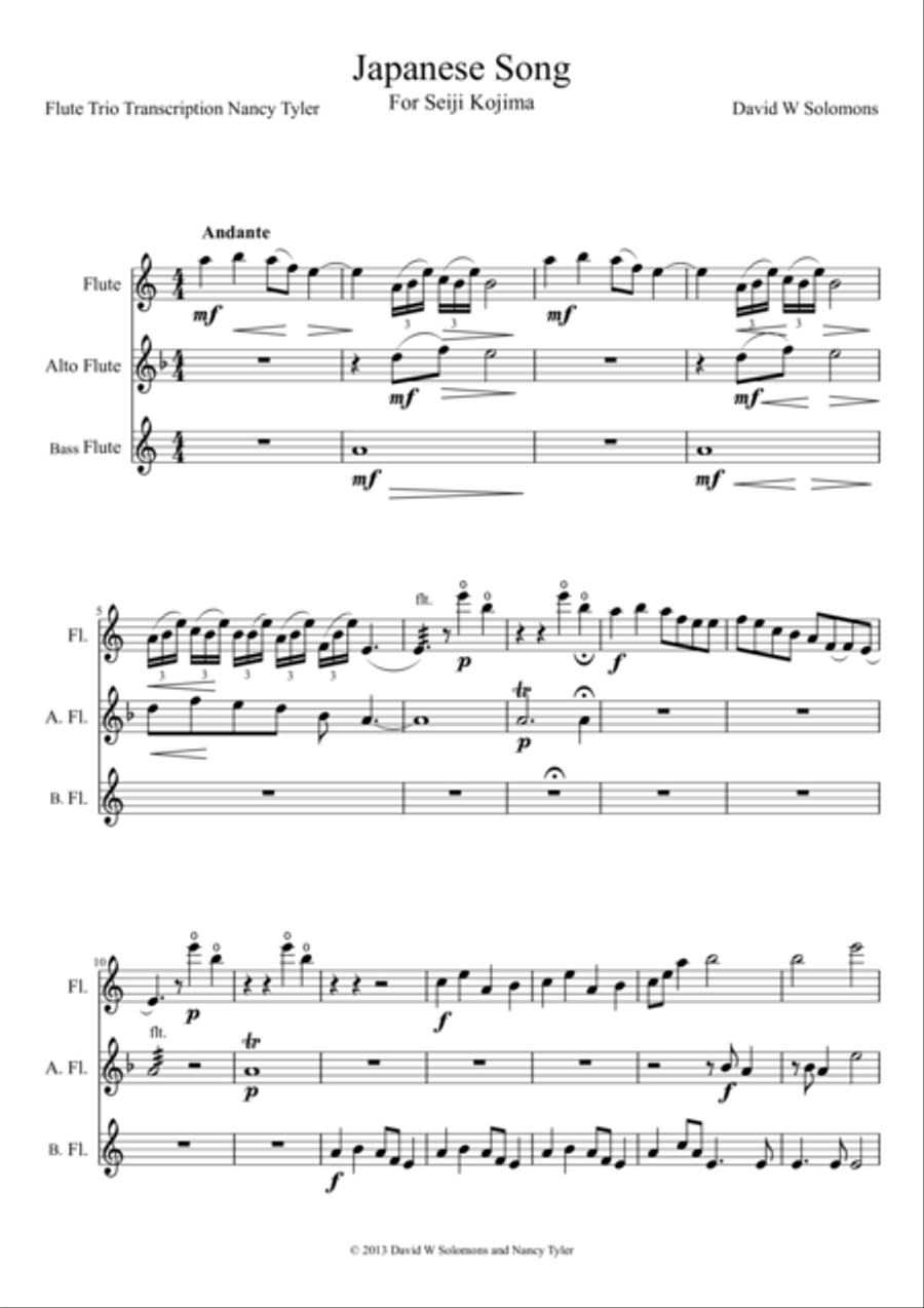 Japanese Song for flute trio (standard, alto and bass flutes) Flute scores gallery preview page 1