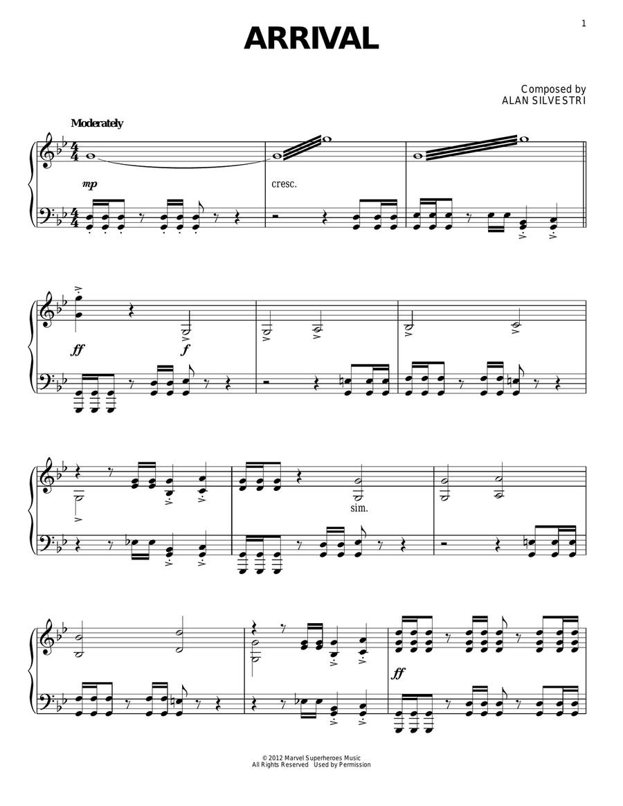 Arrival (from The Avengers) Piano Solo scores gallery preview page 1