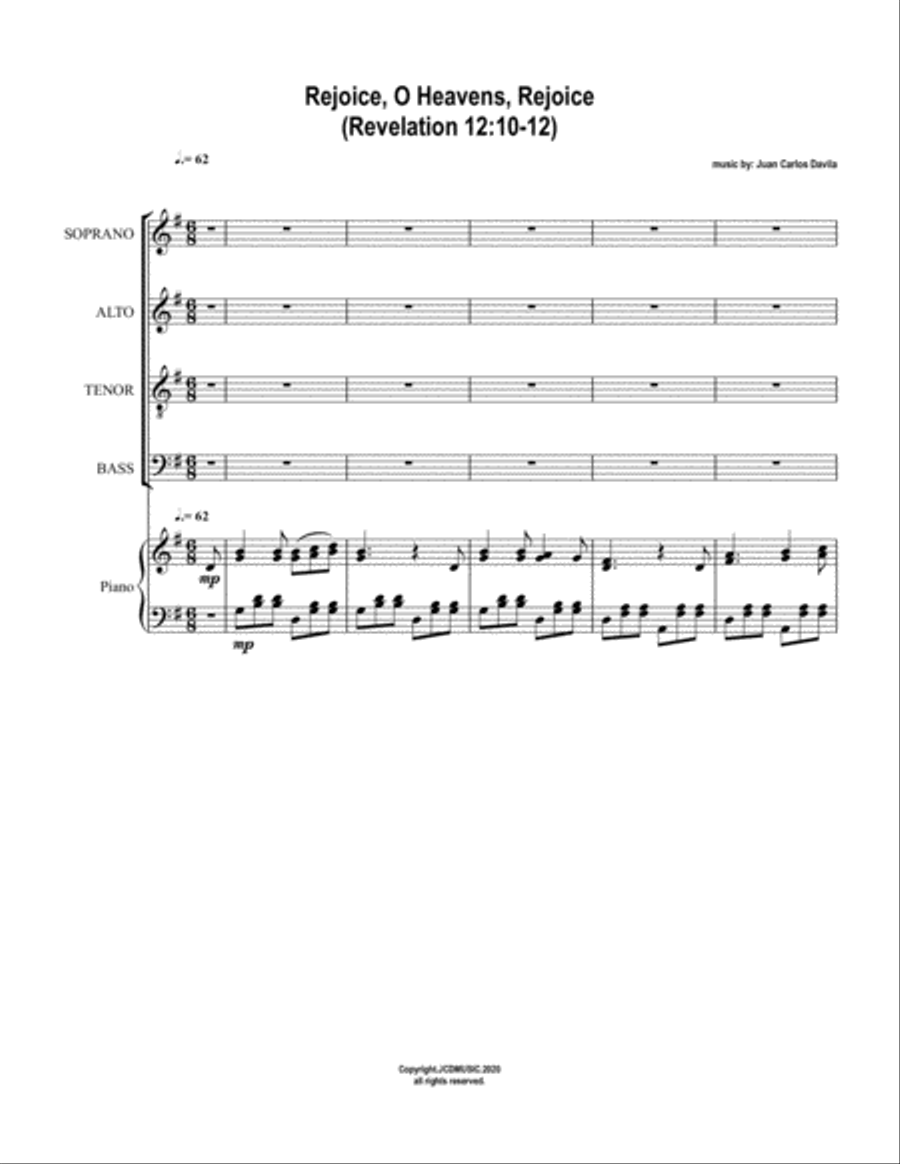 Rejoice, O Heavens, Rejoice (Revelation 12:10-12) 4-Part scores gallery preview page 1