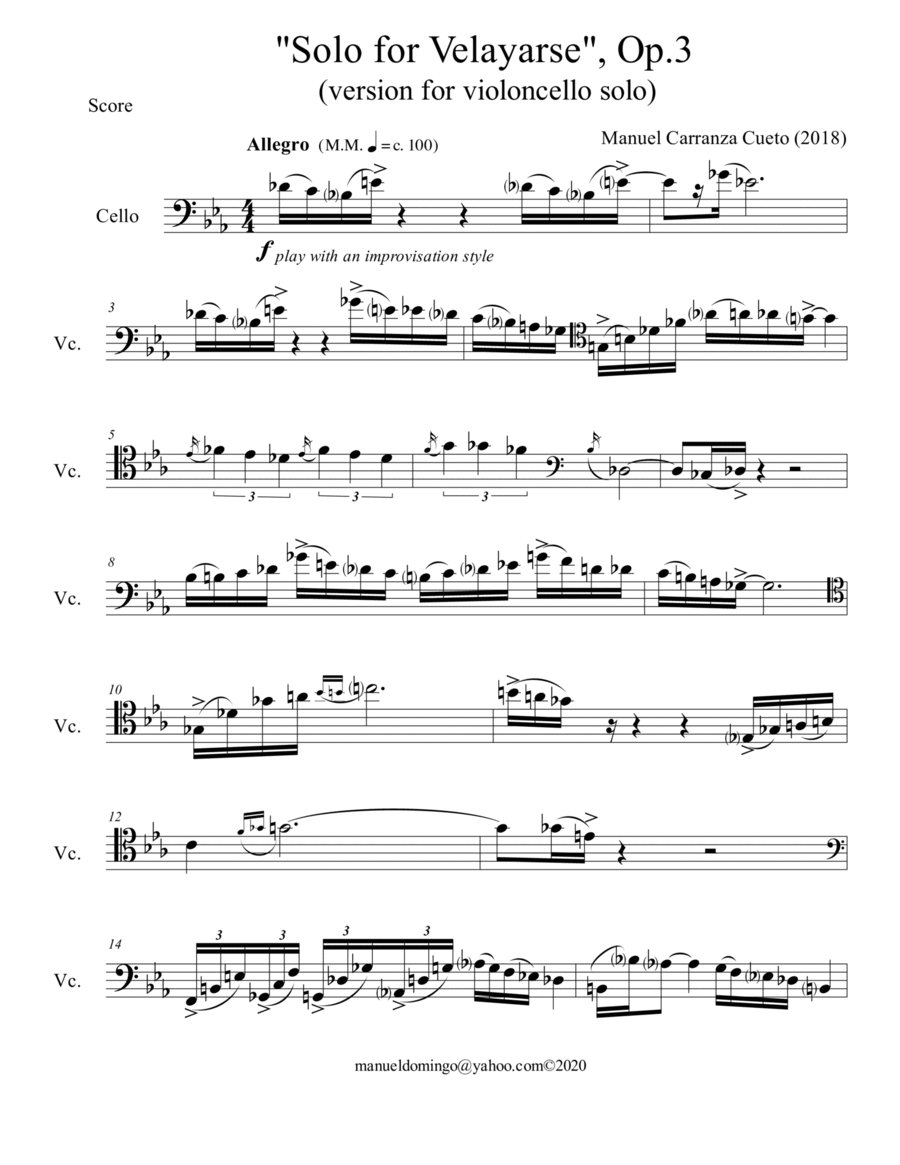 Solo for Velayarse, Op. 4 (solo cello version) Cello Solo scores gallery preview page 1