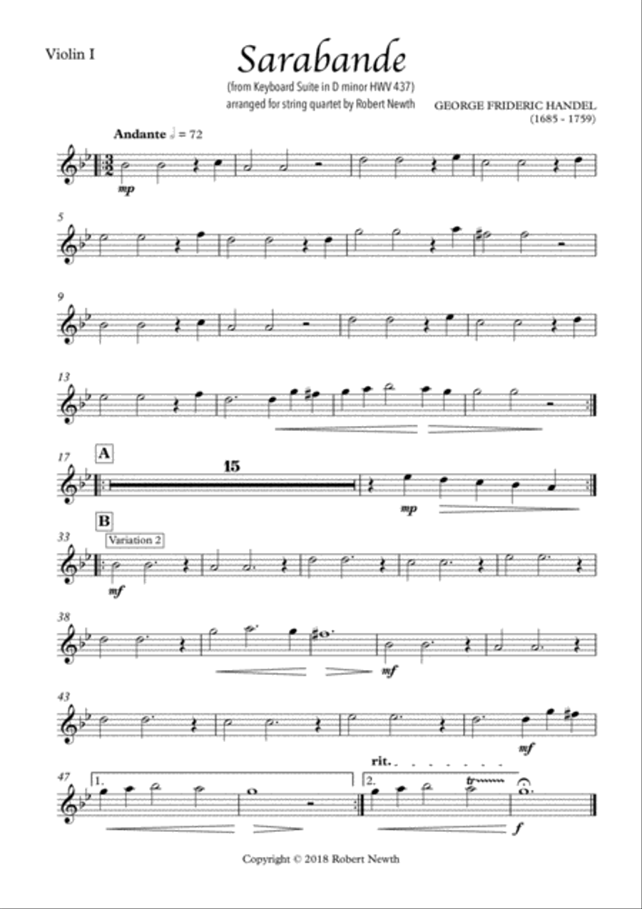 Sarabande from Keyboard Suite in D minor HWV 437 (for String Quartet) String Quartet scores gallery preview page 4