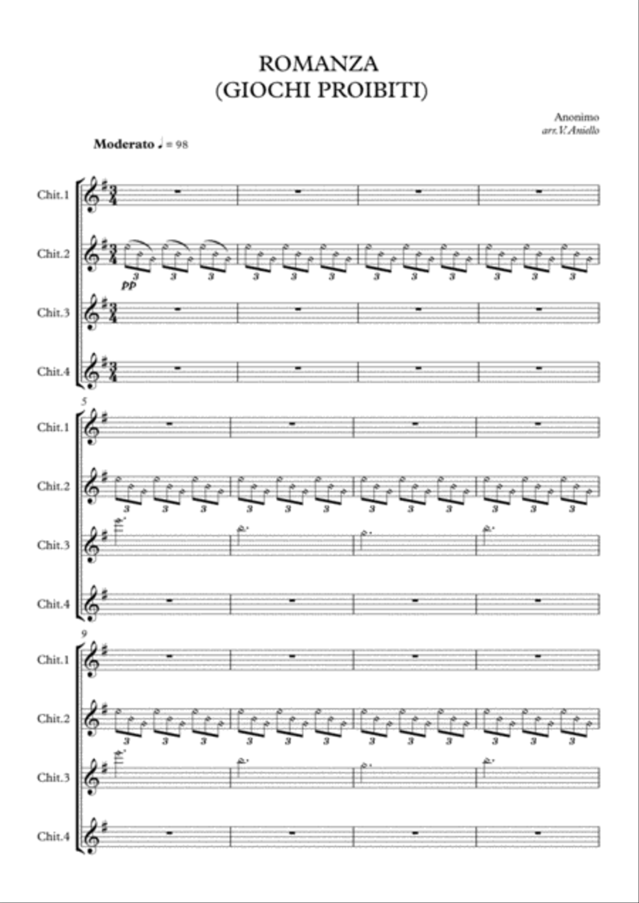 Romanza (or Jeux Interdits) (guitar ensemble) - Score Only Guitar Ensemble scores gallery preview page 1