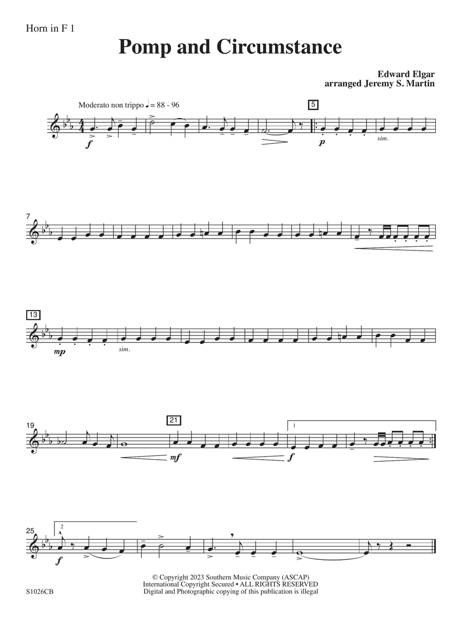 Pomp and Circumstance (Easy) (arr. Jeremy Martin) - Horn 1 Concert Band scores gallery preview page 1