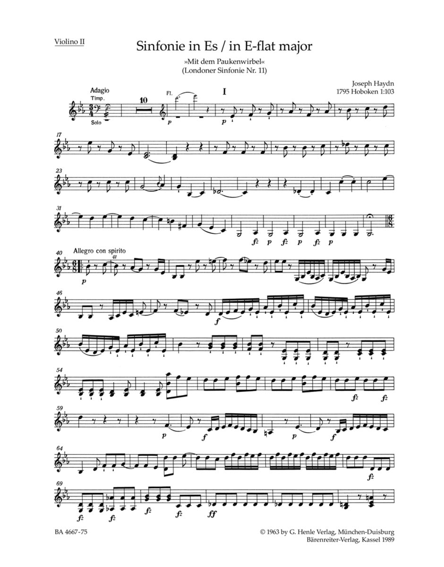 Londoner Sinfonie, No. 11 E flat major Hob.I:103 'Mit dem Paukenwirbel' Violin scores gallery preview page 1
