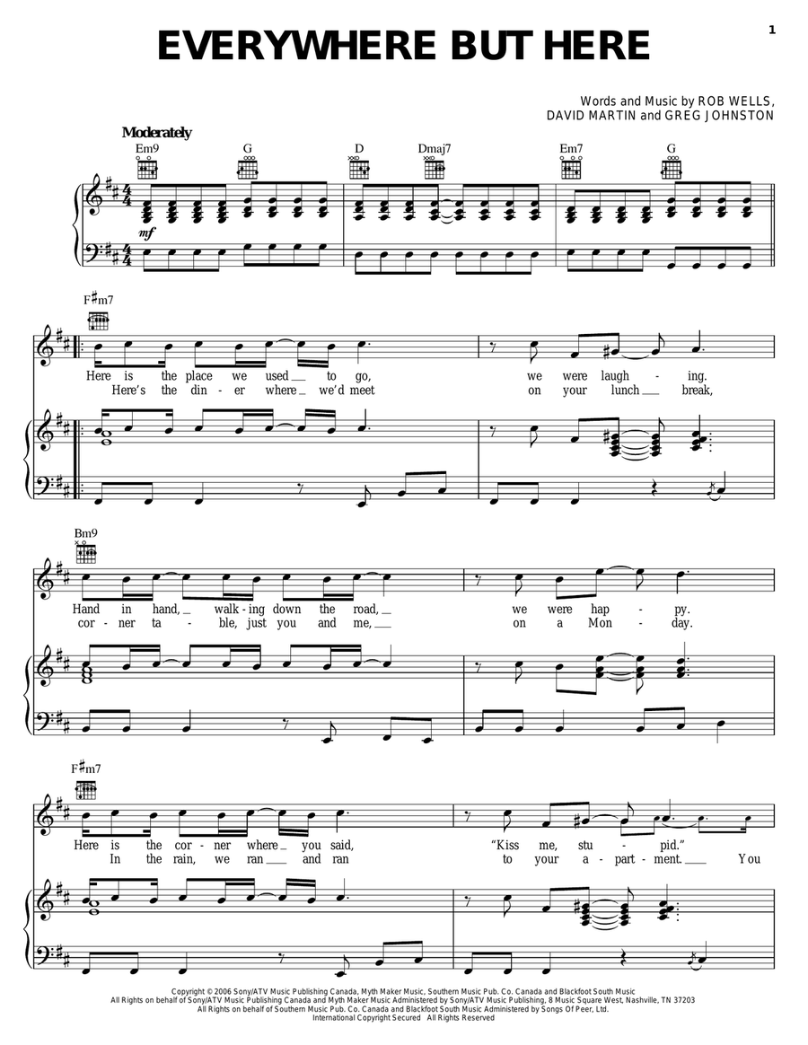 Everywhere But Here Everywhere But Here Piano, Vocal, Guitar scores gallery preview page 1
